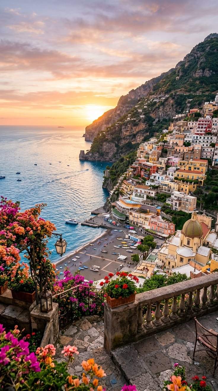 Positano al tramonto sulla Costiera Amalfitana
